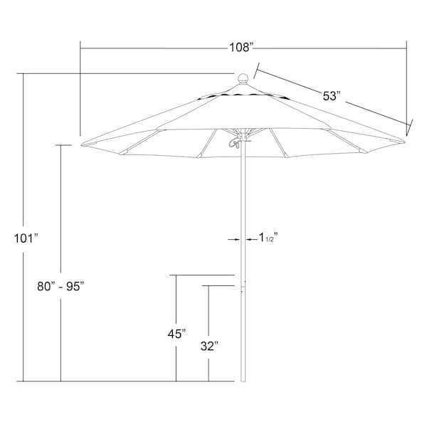 9' Black Aluminum Market Umbrella, Olefin Gray White Cabana Stripe